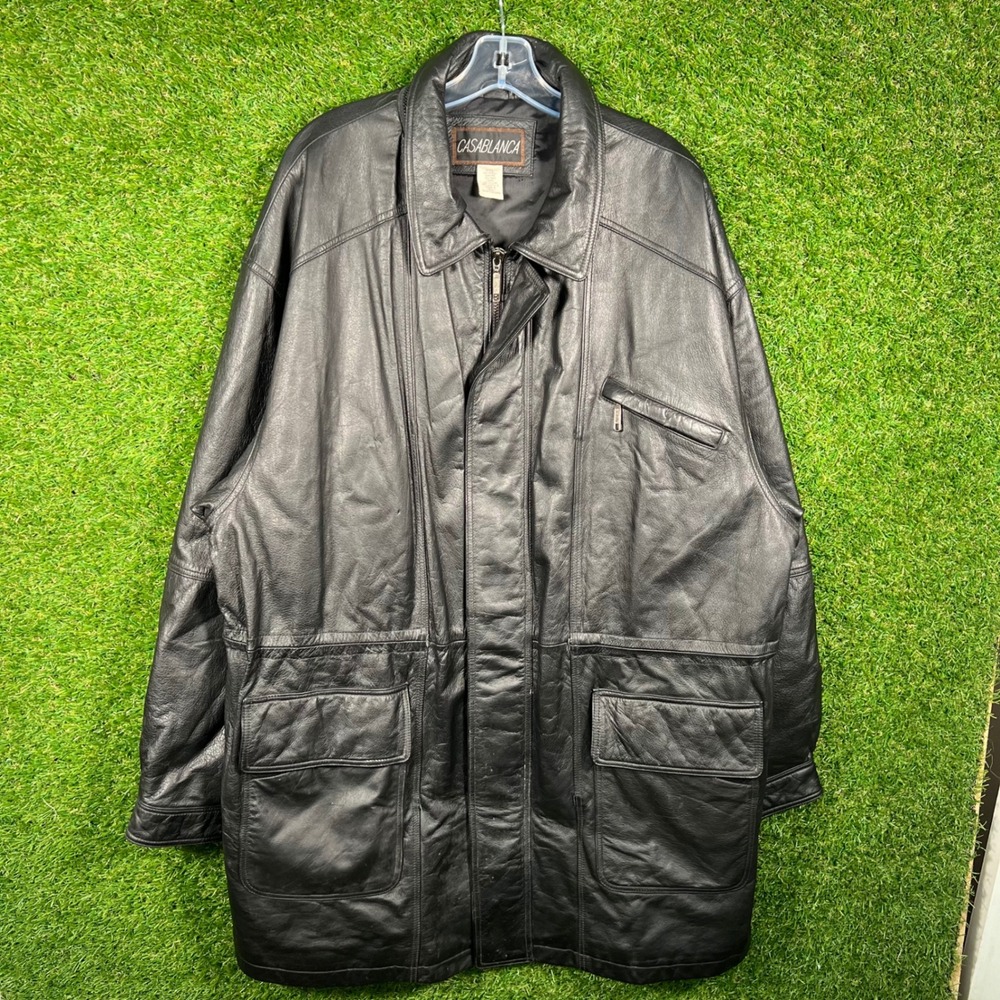 Casablanca Mens XXL Black Genuine Leather Parka Field Jacket Zip Front